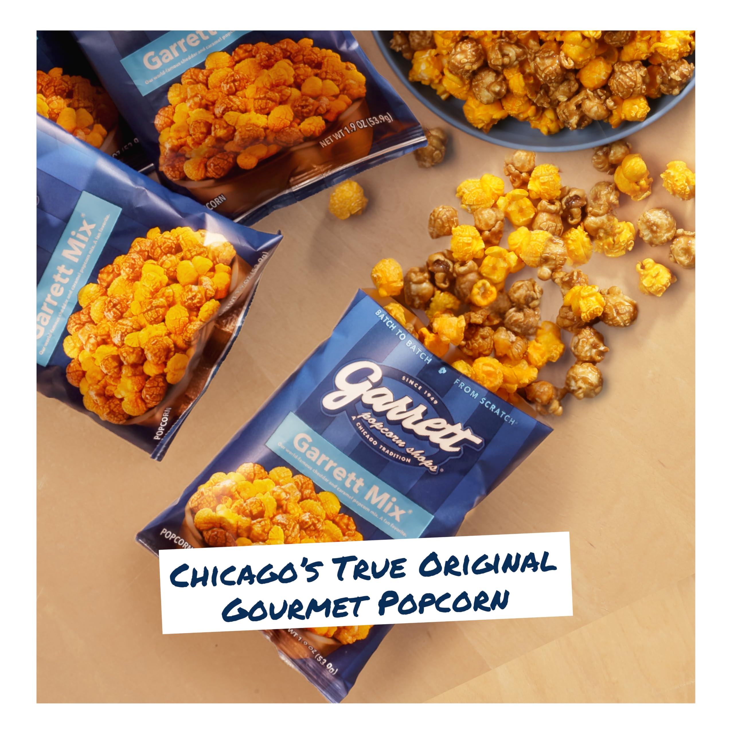 Garrett Popcorn single 1.9oz bag held in hand to show portable size for on-the-go convenience