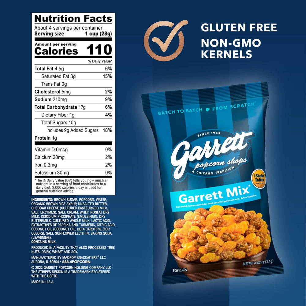 Garrett Popcorn close-up of mixed kernels highlighting caramel clusters and cheese pieces for texture