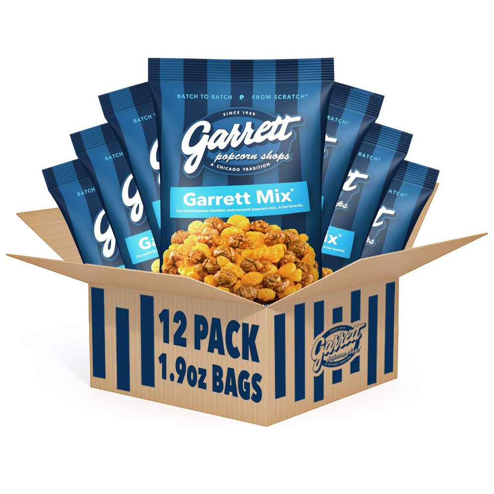Garrett Popcorn front packaging showing the 12-bag set and branding, convenient for gifting