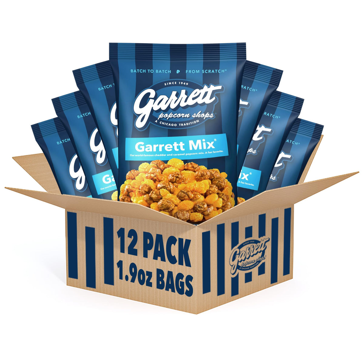 Garrett Popcorn front packaging showing the 12-bag set and branding, convenient for gifting