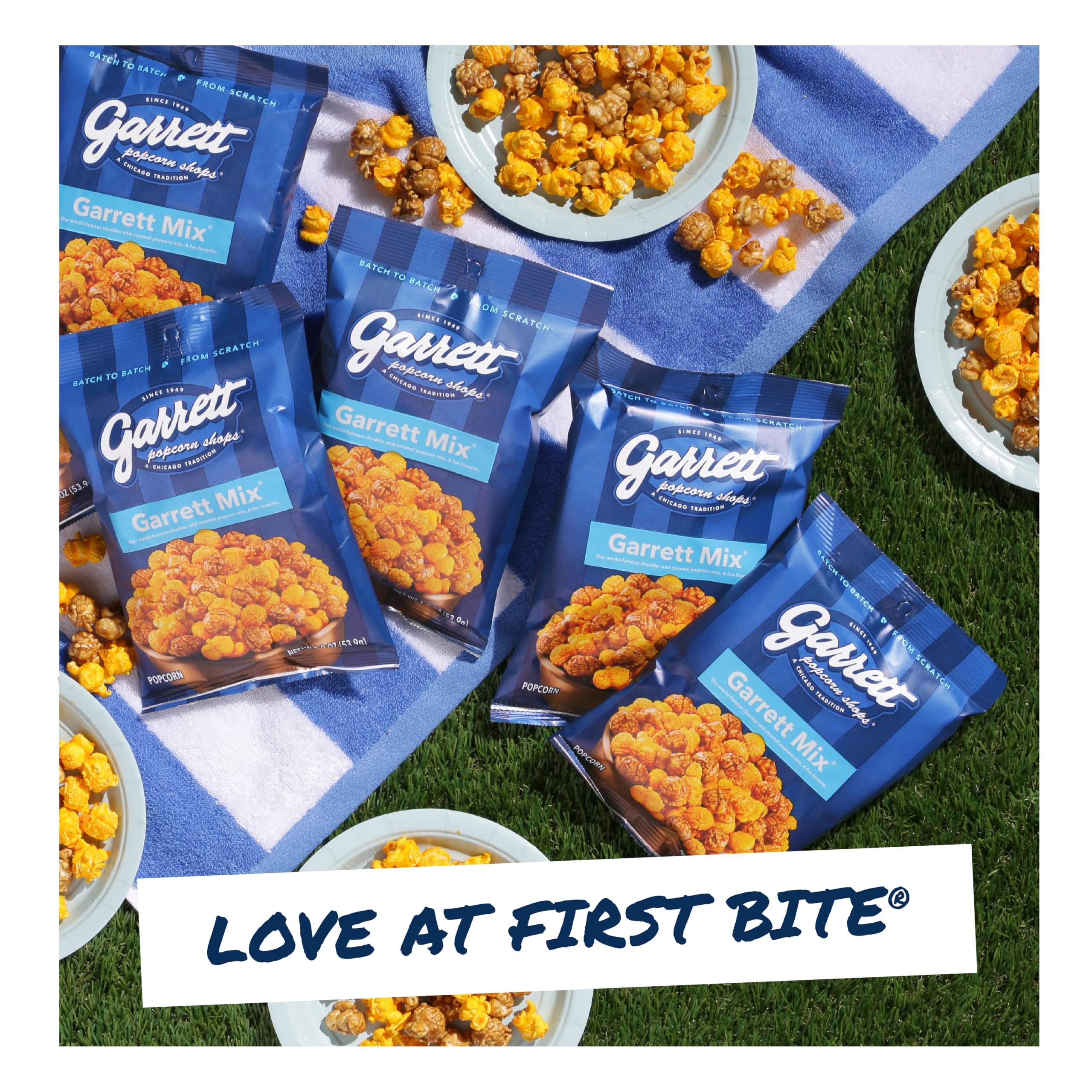 Garrett Popcorn outdoors on a picnic blanket showing snackable use for travel and gatherings