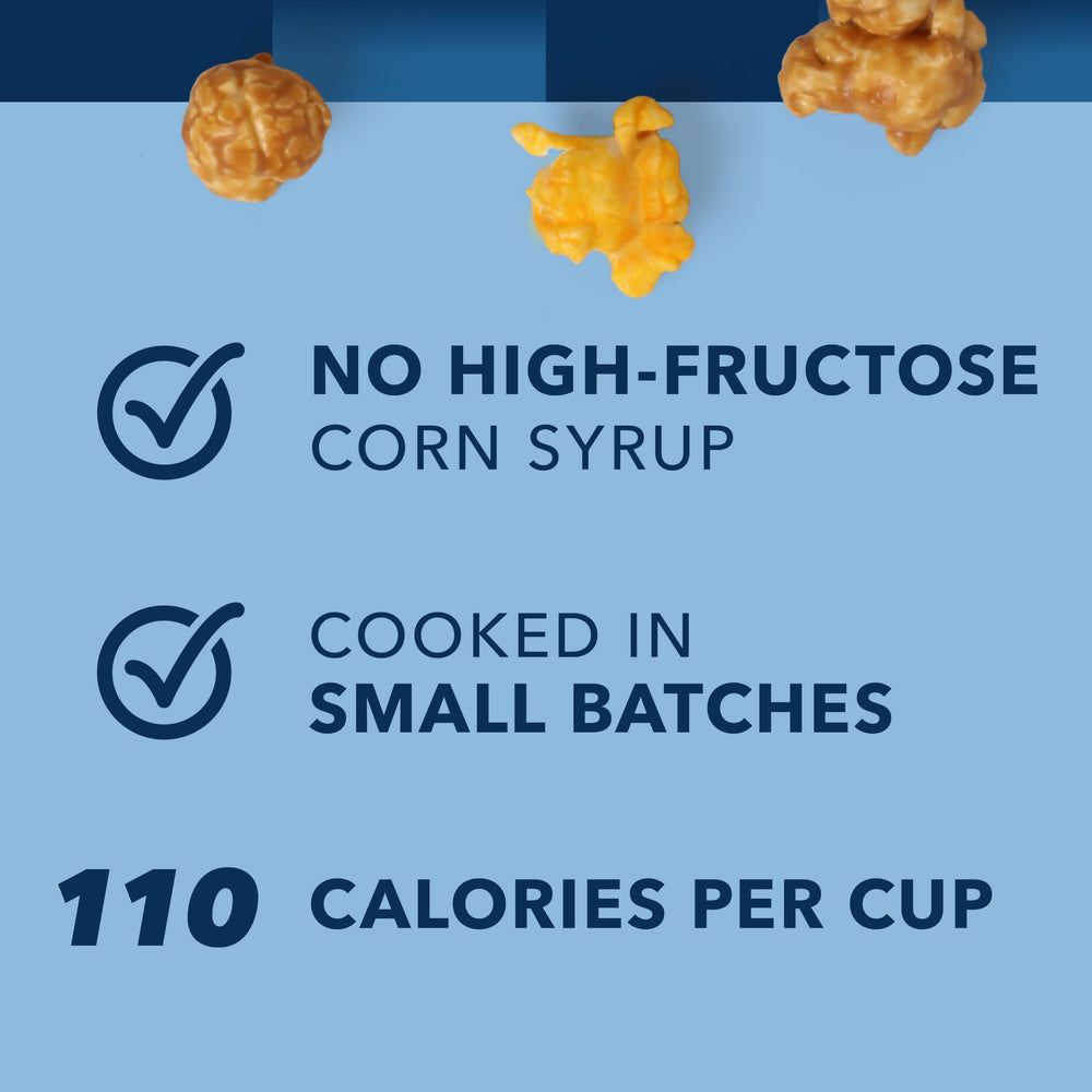 Garrett Popcorn beside a ruler for size comparison to show single-serve dimensions and portability