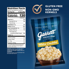 Open Garrett Popcorn white cheddar bag pouring into bowl to show portion size and immediate snack readiness