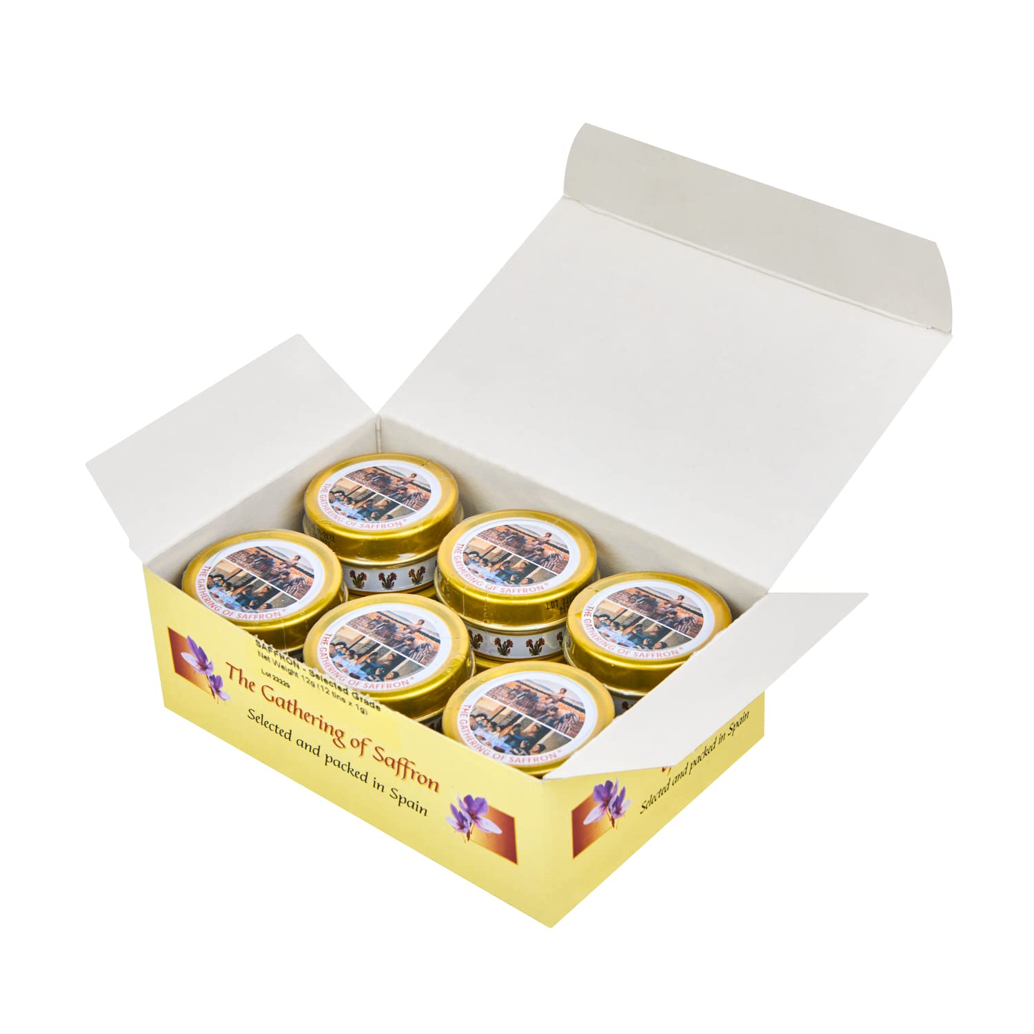 The Gathering Of Saffron front tin showing branding and premium packaging benefit freshness