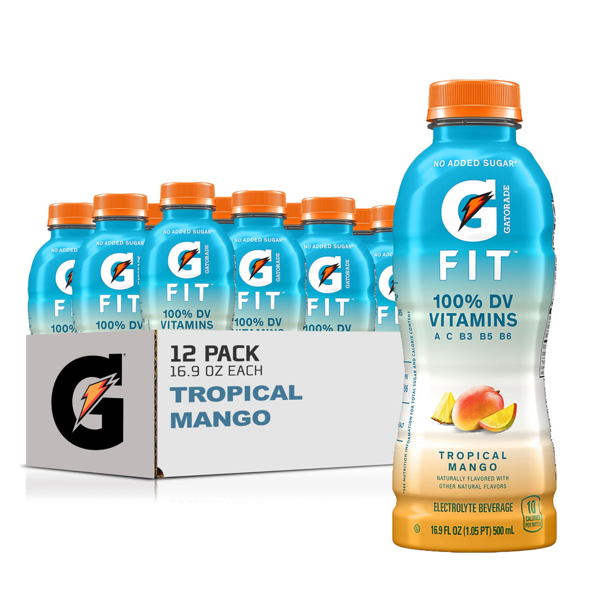 Gatorade Fit front packaging showing 12-bottle case and easy storage benefit