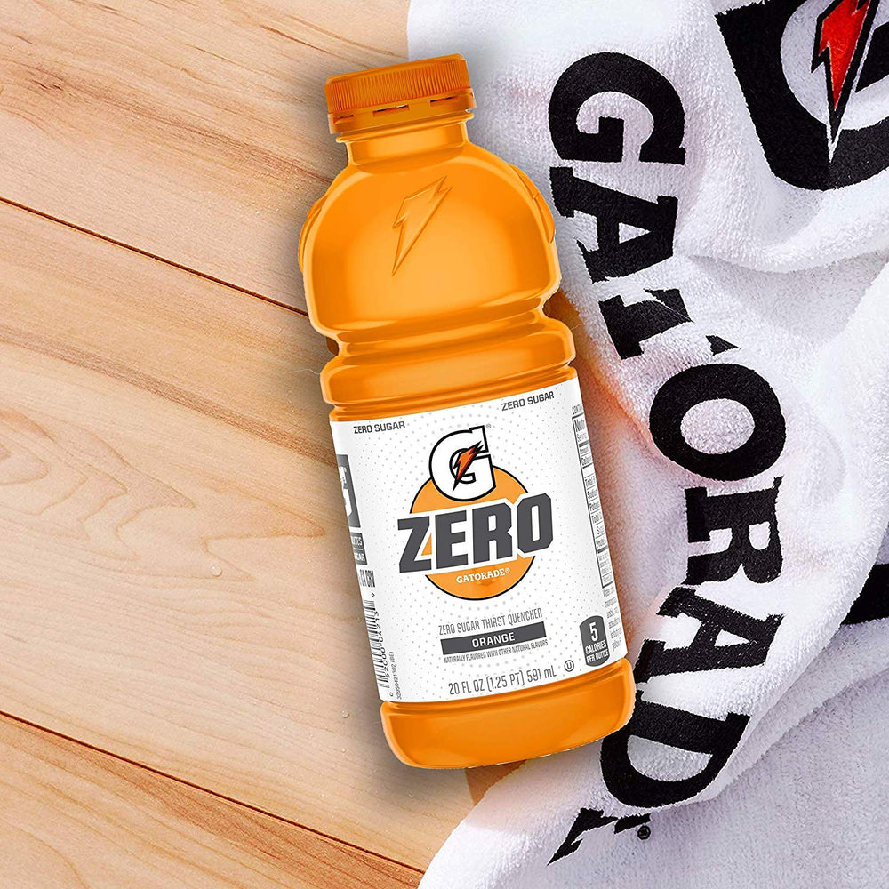 Close-up of Gatorade G Zero Orange bottle label highlighting electrolytes for hydration