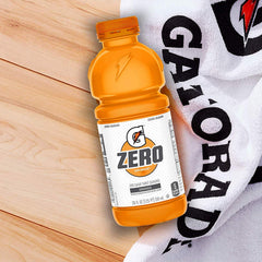 Close-up of Gatorade G Zero Orange bottle label highlighting electrolytes for hydration