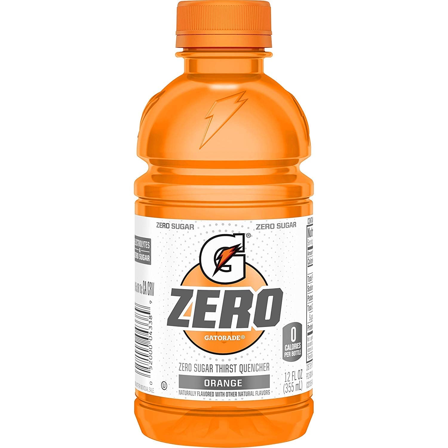 Gatorade bottle front packaging showing Gatorade G Zero Orange and zero sugar benefit