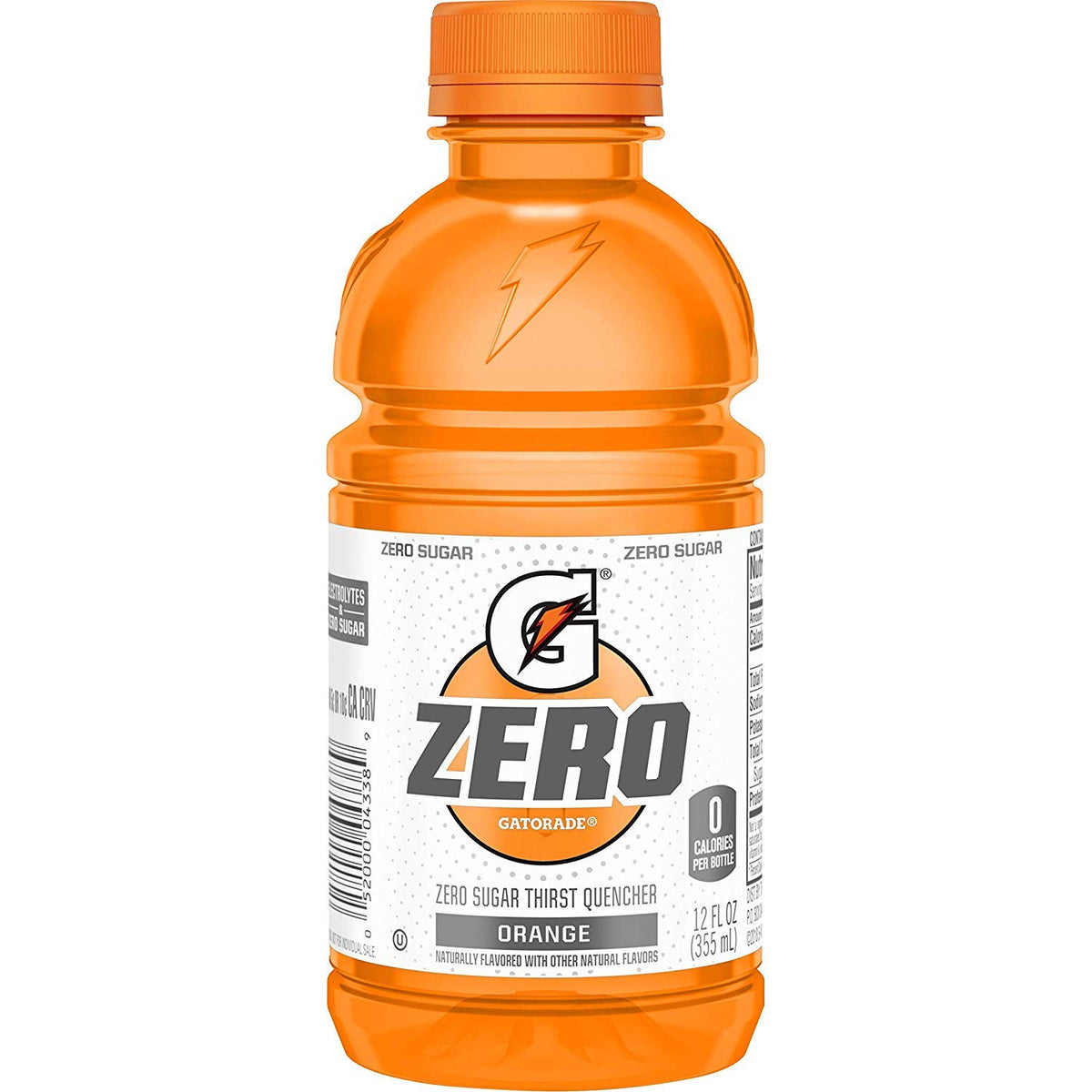 Gatorade bottle front packaging showing Gatorade G Zero Orange and zero sugar benefit