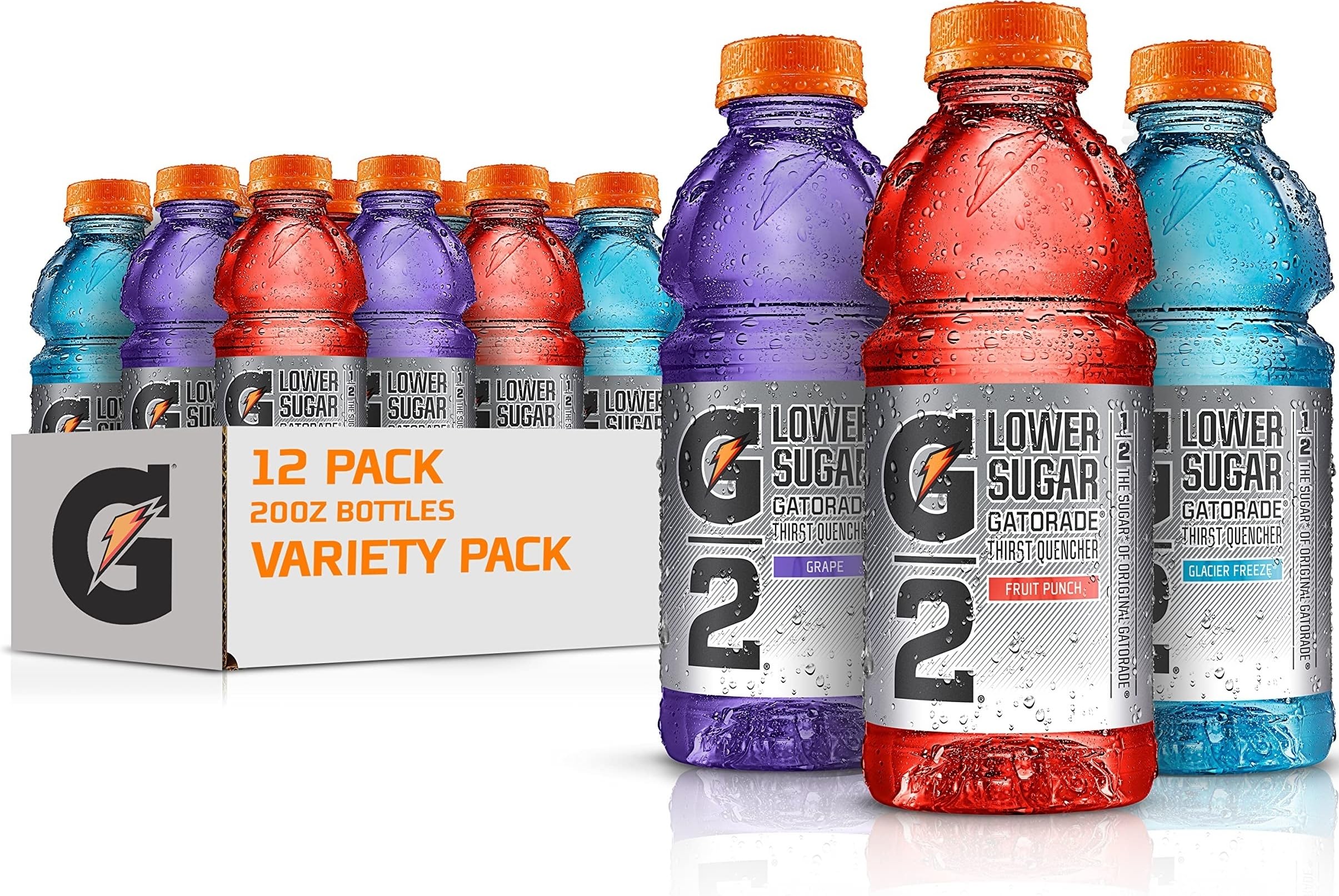 Gatorade G2 front packaging showing 12-bottle variety pack and convenience