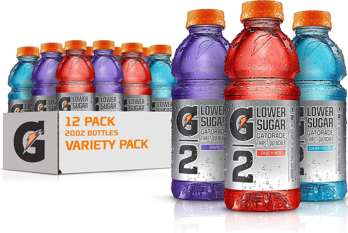 Gatorade G2 front packaging showing 12-bottle variety pack and convenience