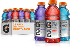 Gatorade G2 front packaging showing 12-bottle variety pack and convenience
