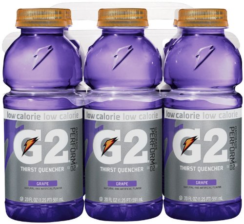 Gatorade G2 front bottle showing grape label and easy-grip design for quick hydration