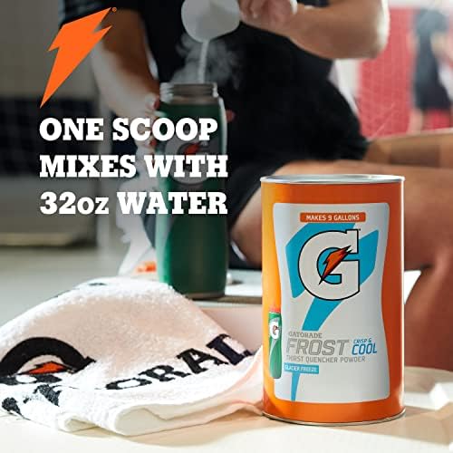 Gatorade brand powder being mixed in a large jar demonstrating quick prep