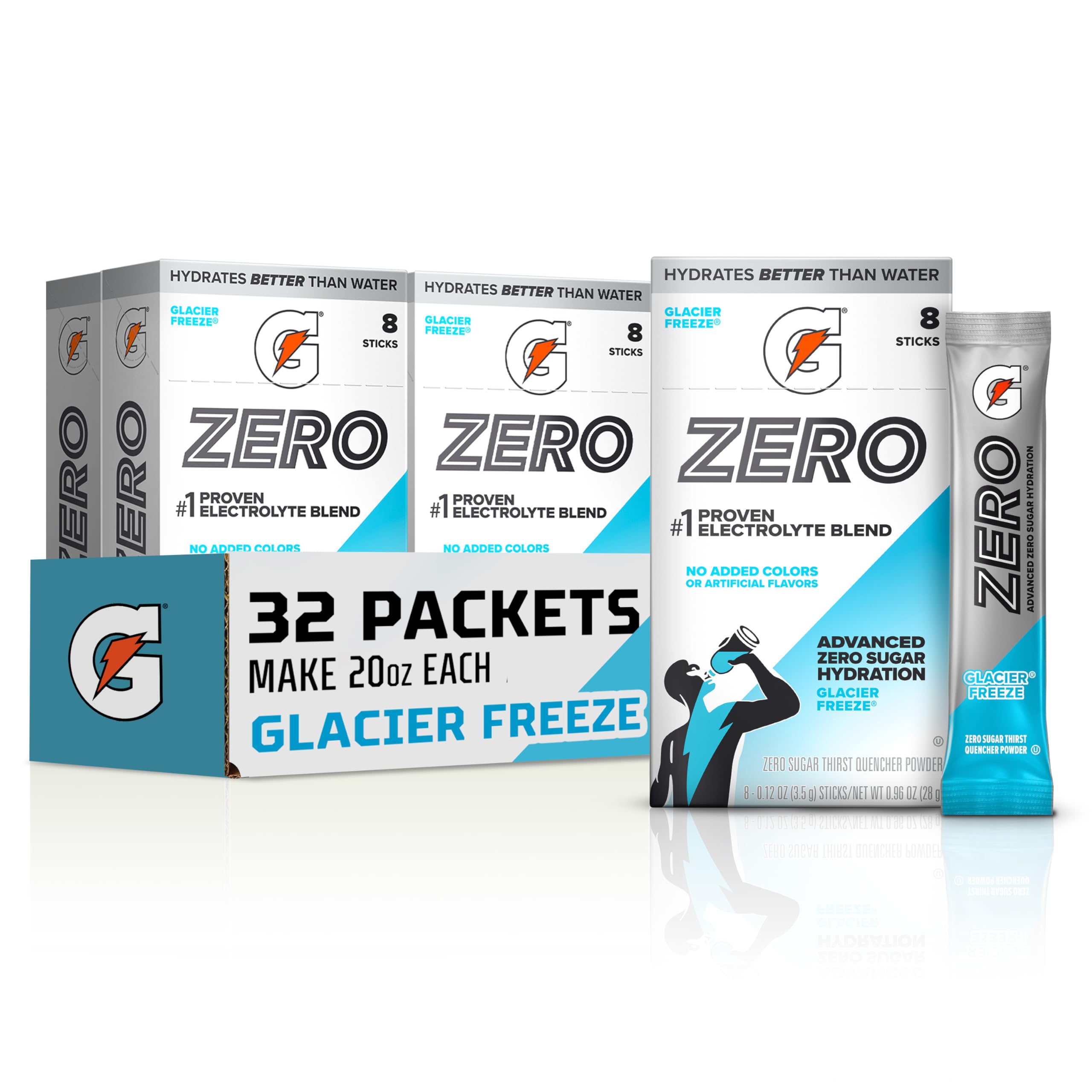 Gatorade front packaging showing Glacier Freeze and 32 sticks benefit hydration