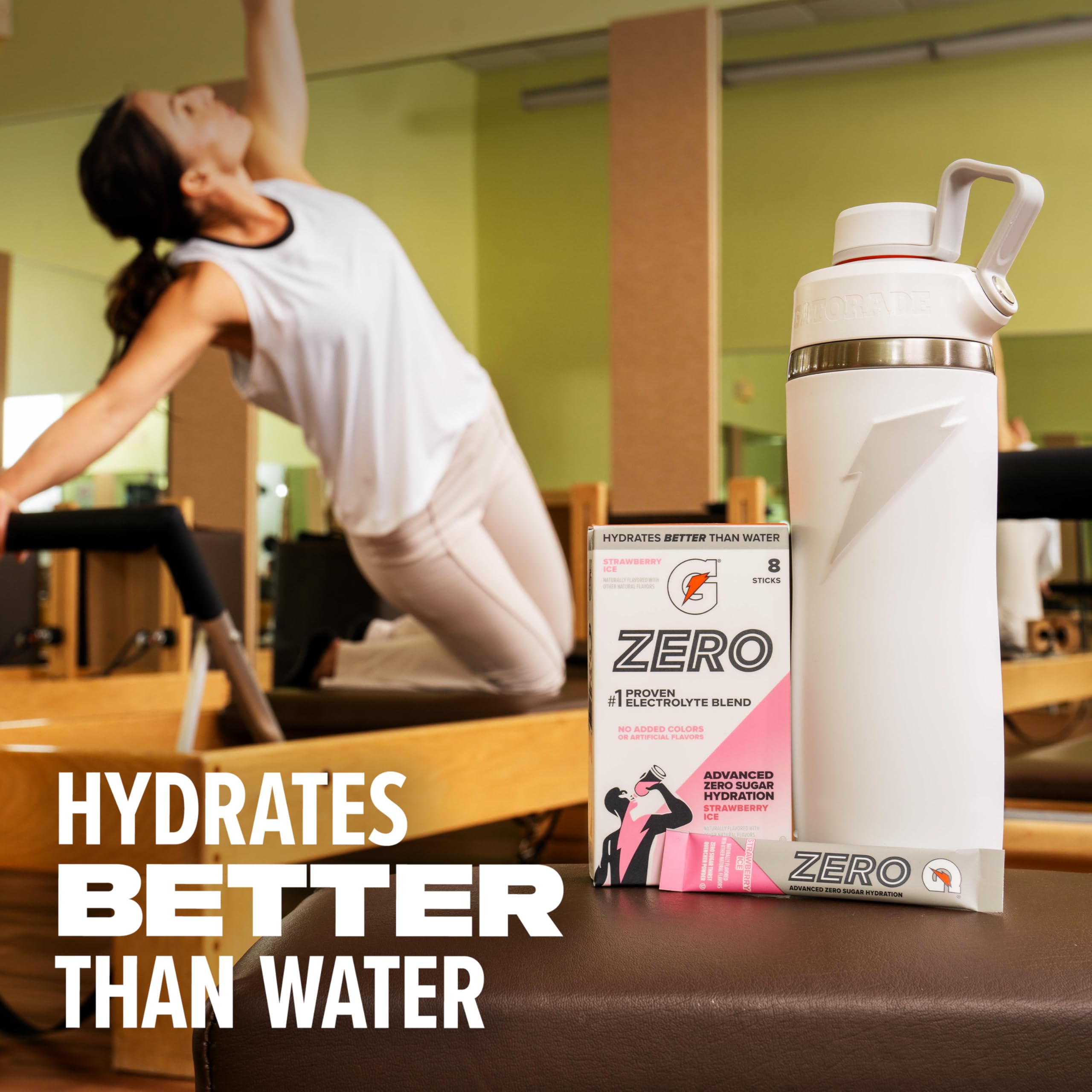 Gatorade stick next to a water bottle for serving size reference and portability