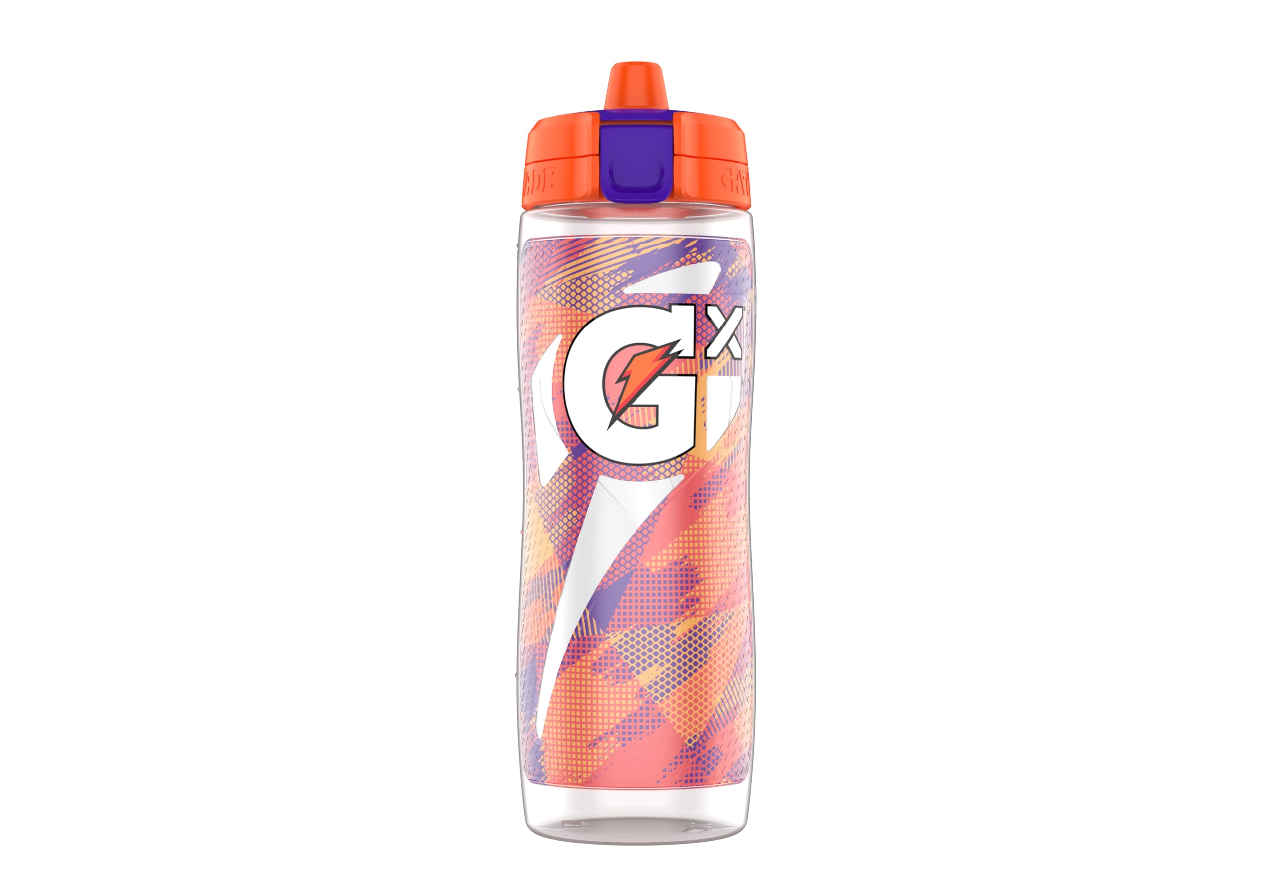 Gatorade GX front view showing glitched camo guava and 30 oz capacity benefit
