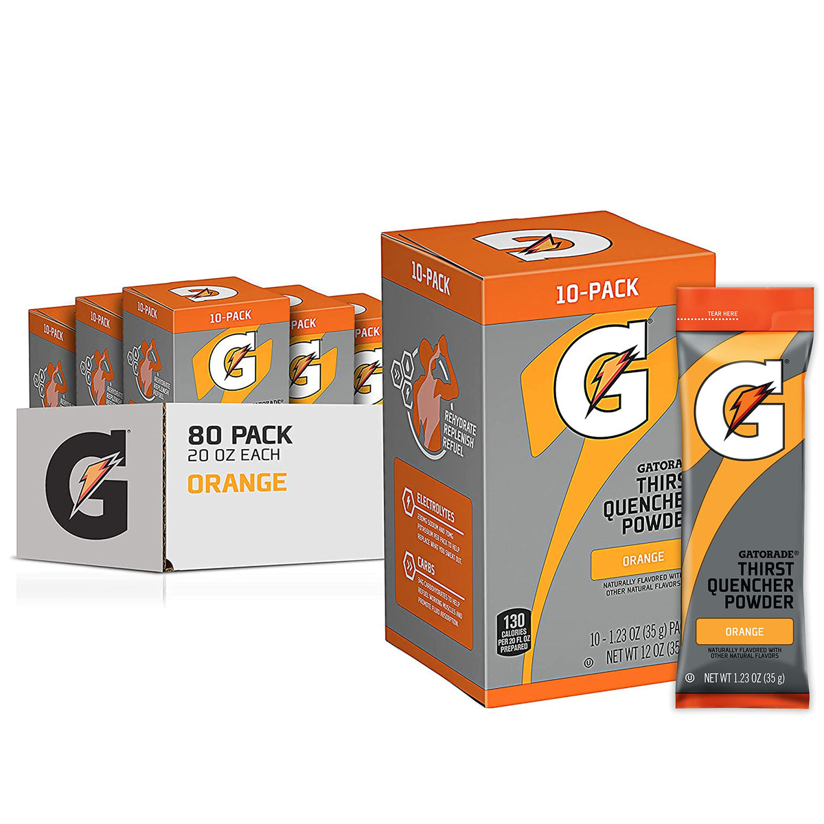 Gatorade Orange front packaging showing 80 packets and brand visibility