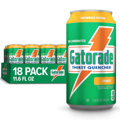 Gatorade orange front packaging showing 18 cans, ready for games