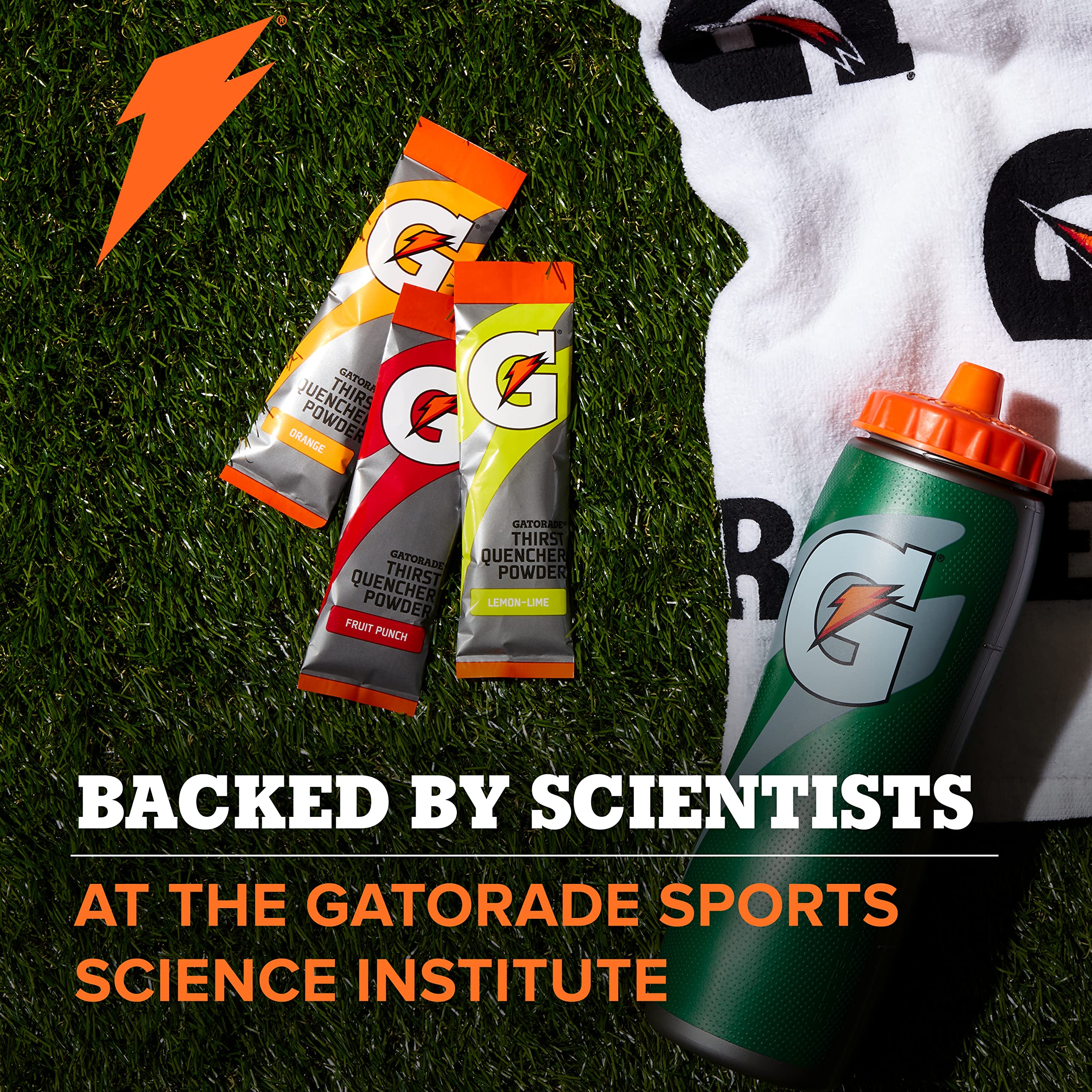Gatorade Orange packet next to a common water bottle for scale comparison