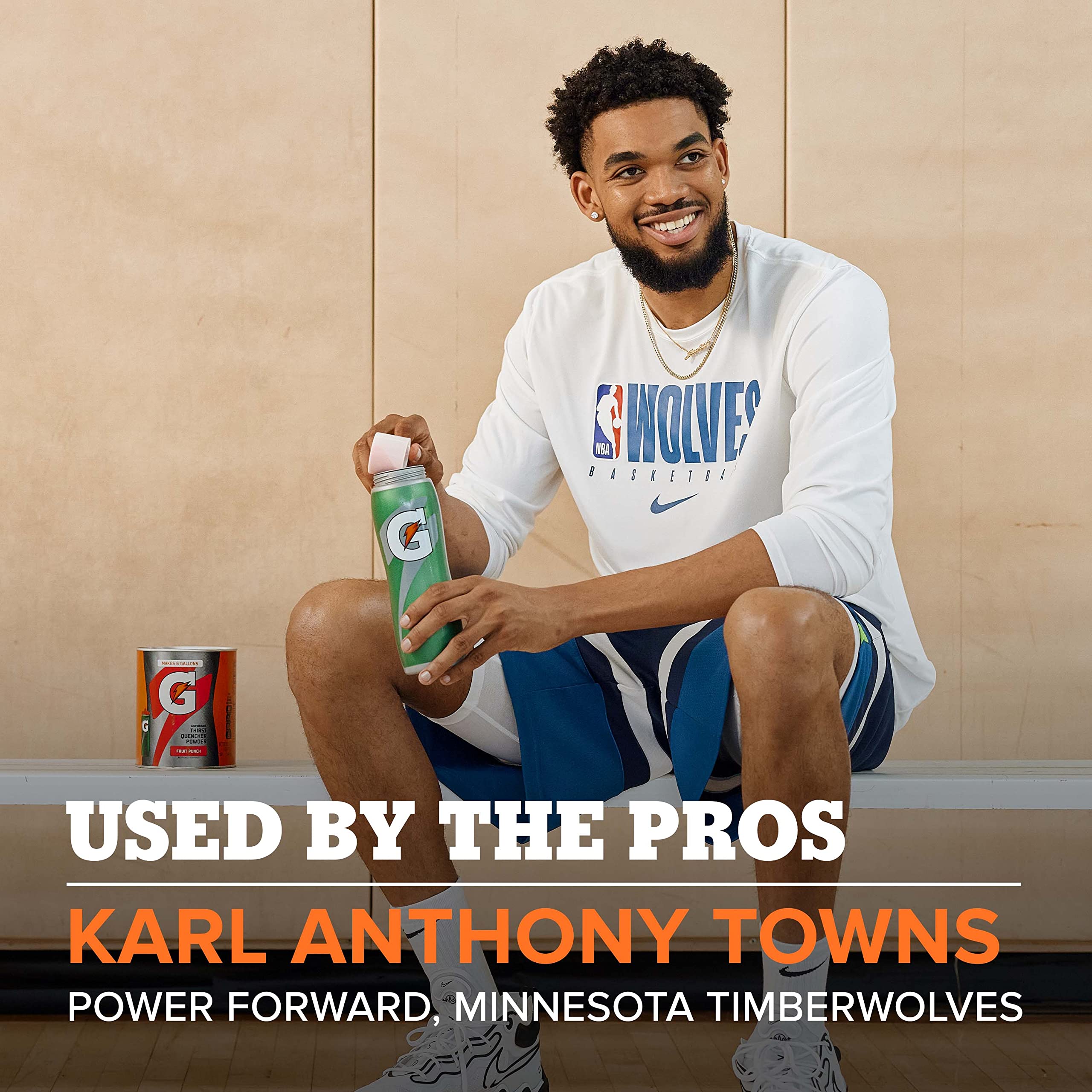 76.5 oz tub beside a water bottle for scale by Gatorade showing compact bulk value