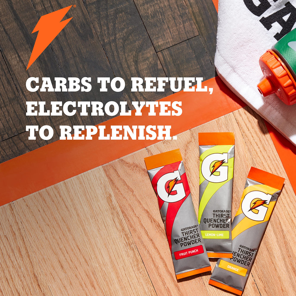 Spread of single-serve Gatorade packets showing portability and convenient on-the-go hydration