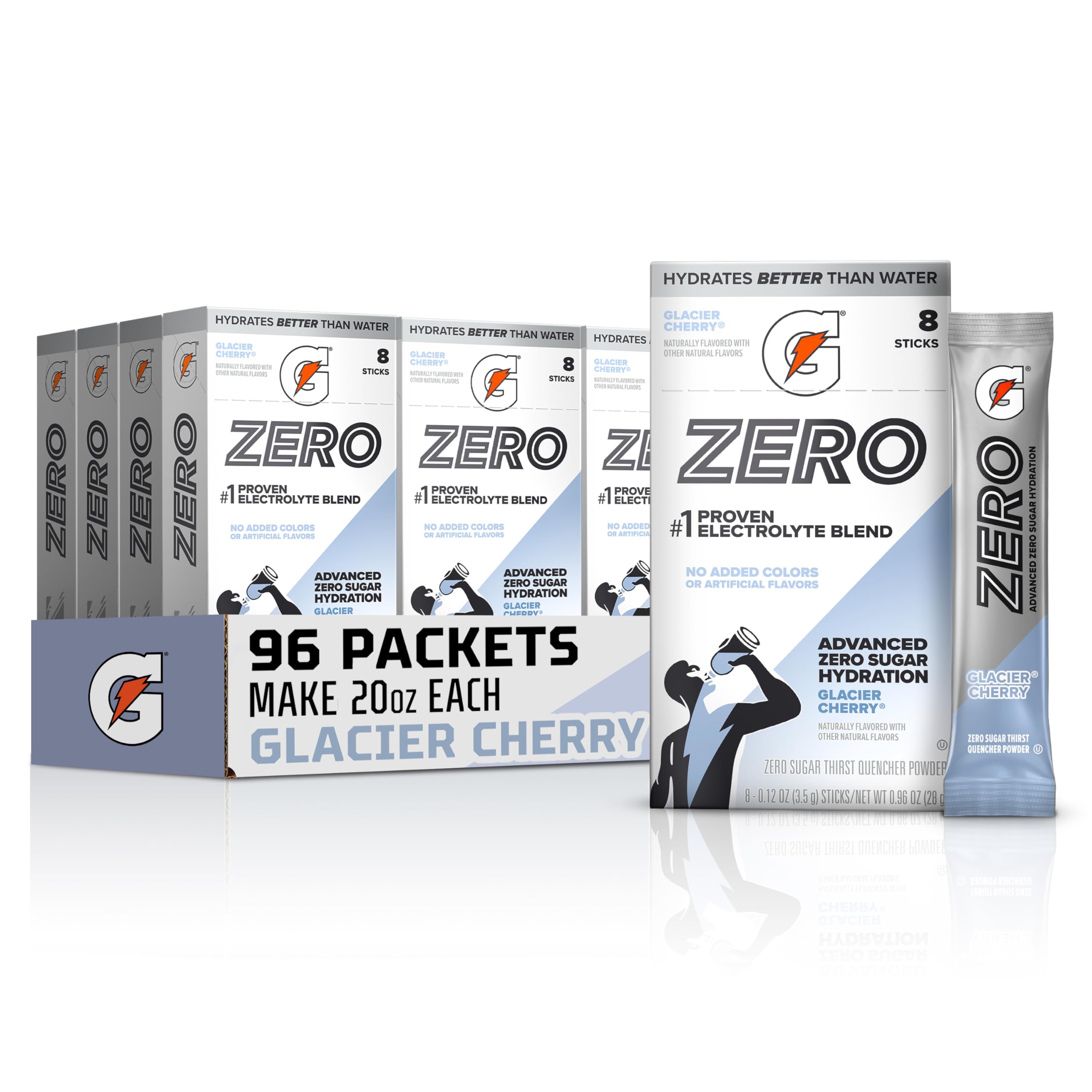 Gatorade Glacier Cherry front packaging showing 96-stick bulk supply and brand