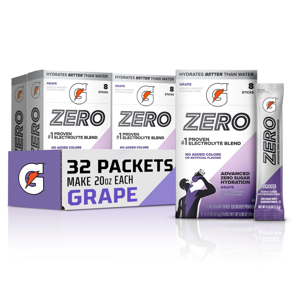 Gatorade front packaging showing grape powder sticks and nutrition details for convenient hydration