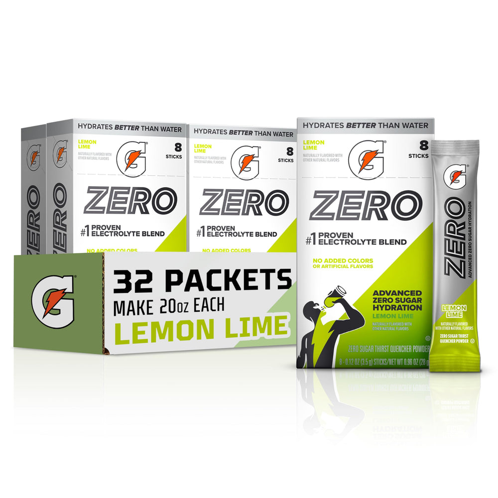 Gatorade pack front view showing lemon lime sticks and serving count benefit