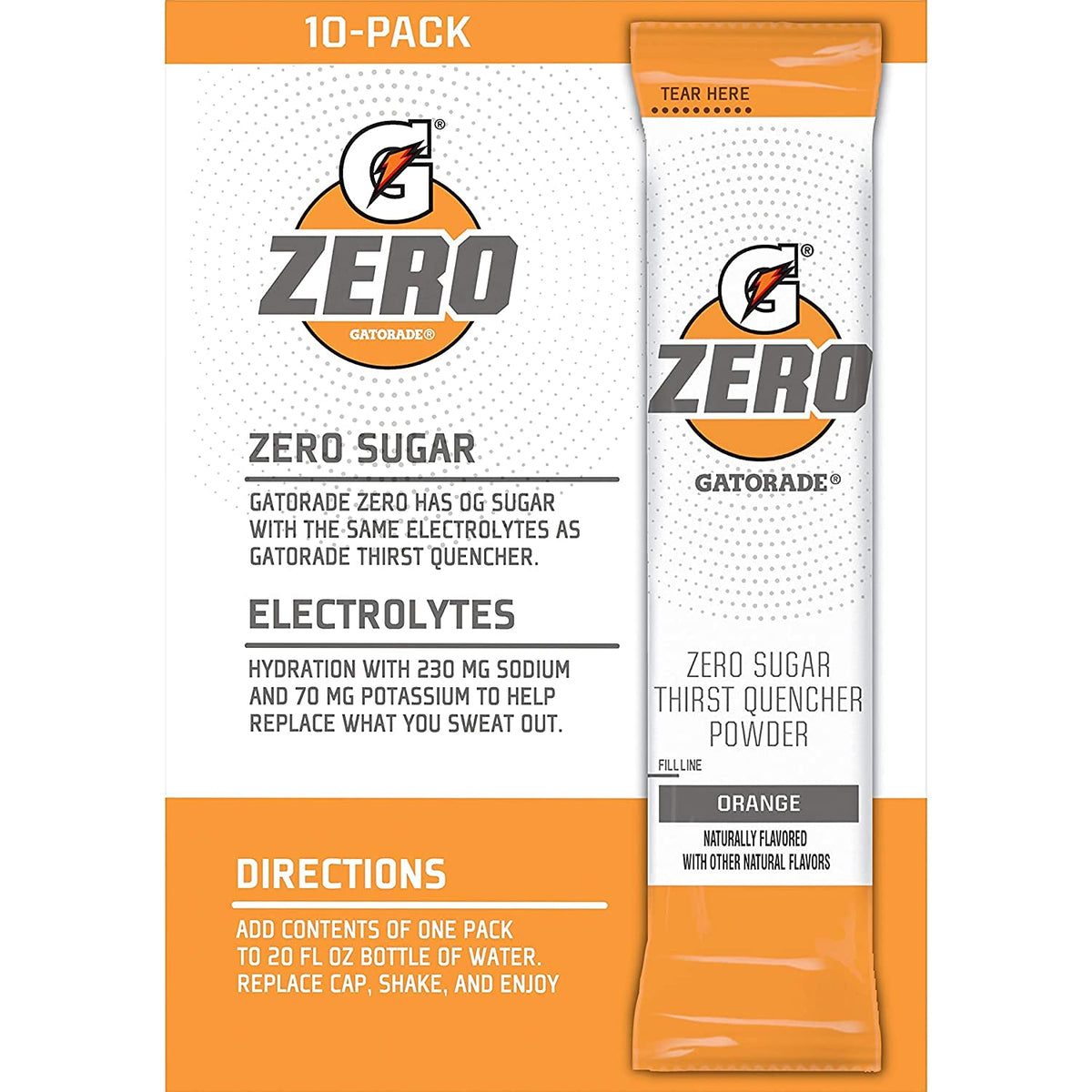 Gatorade branded orange box of ten powder sticks showing front packaging and benefits