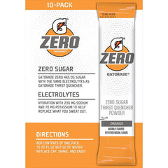 Gatorade branded orange box of ten powder sticks showing front packaging and benefits