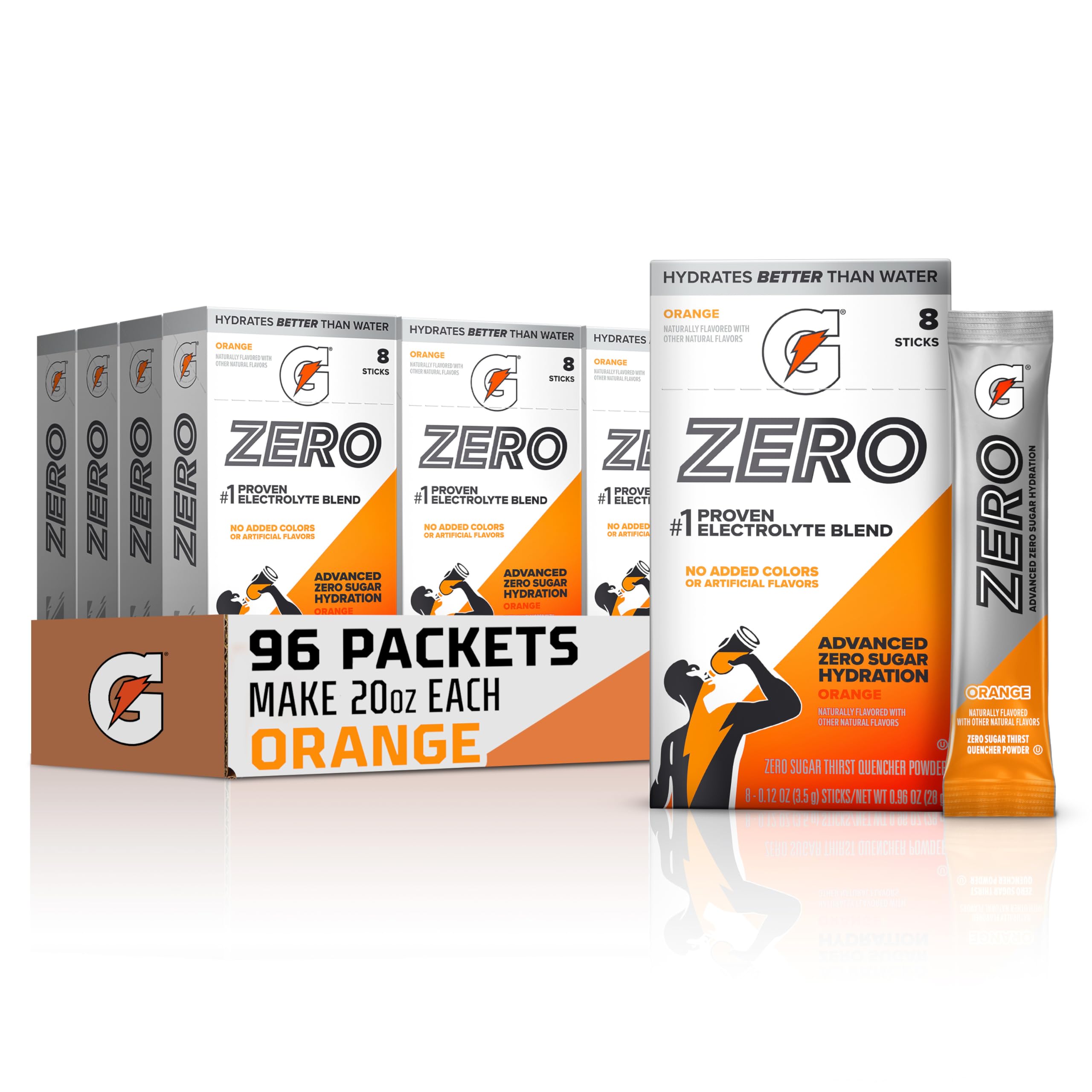 Gatorade Zero front packaging showing orange flavor and 96 servings for convenient hydration