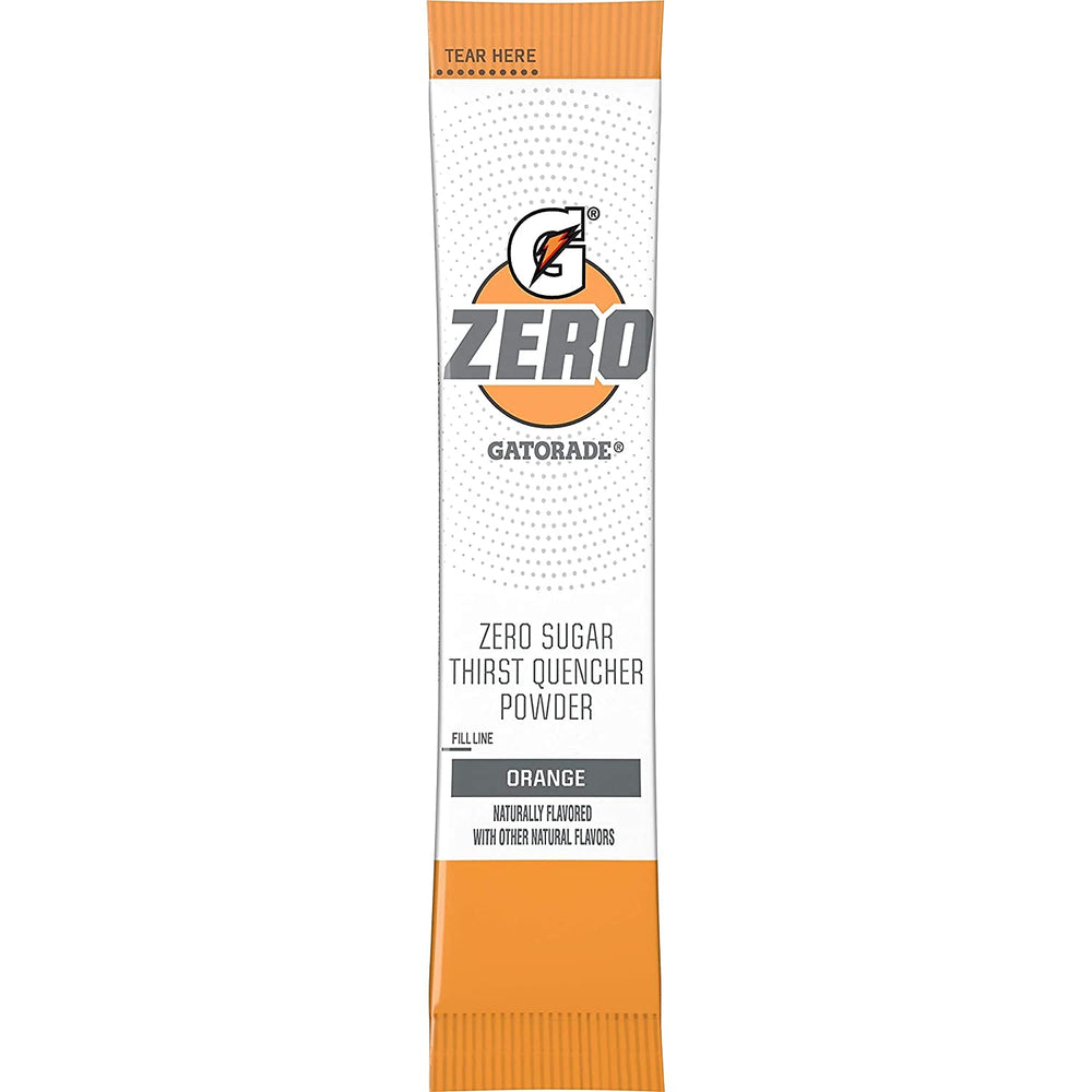 Gatorade Zero mixed orange drink in a clear bottle illustrating fast dissolve and no sugar