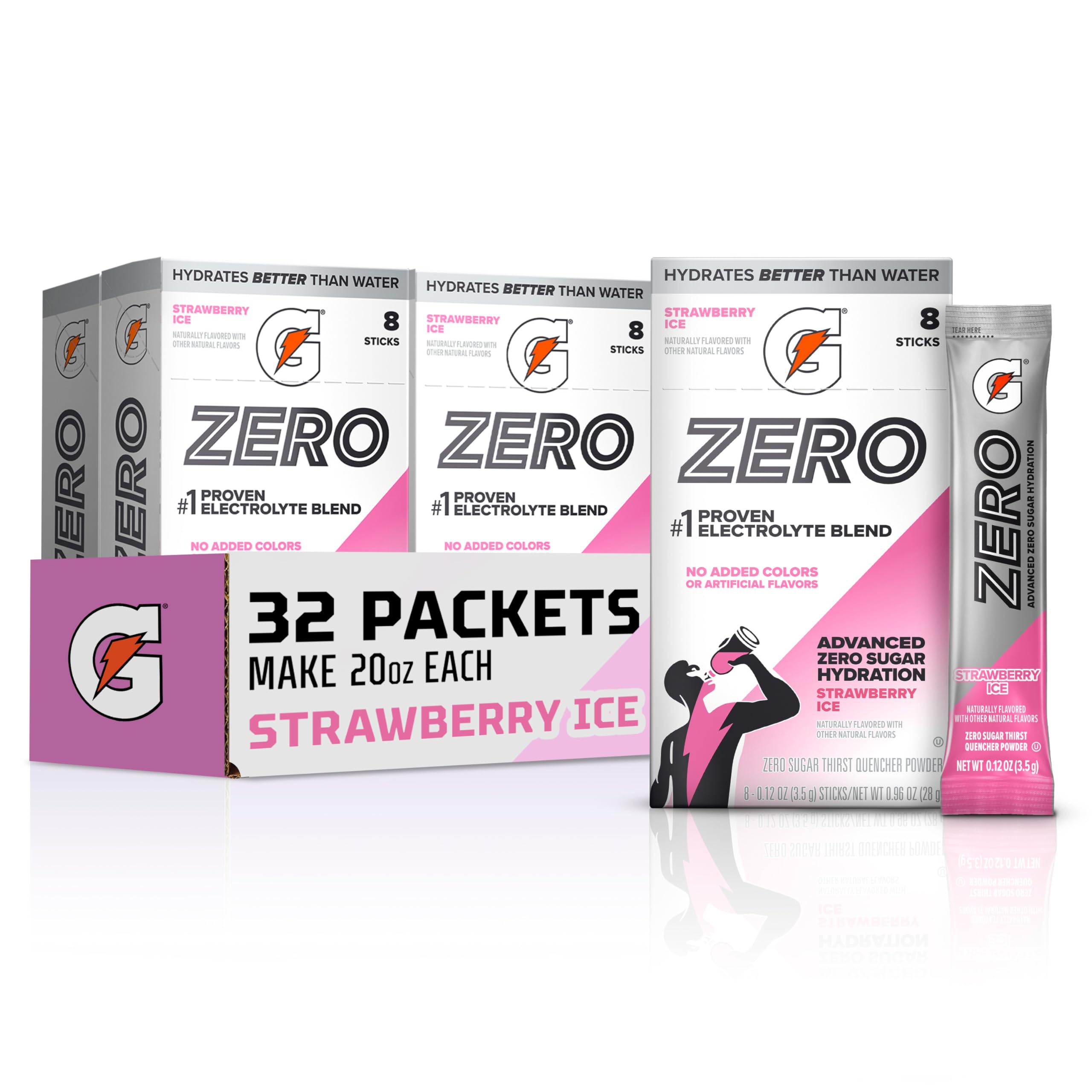 Gatorade Zero front packaging showing Strawberry Ice and 32 servings benefit convenience