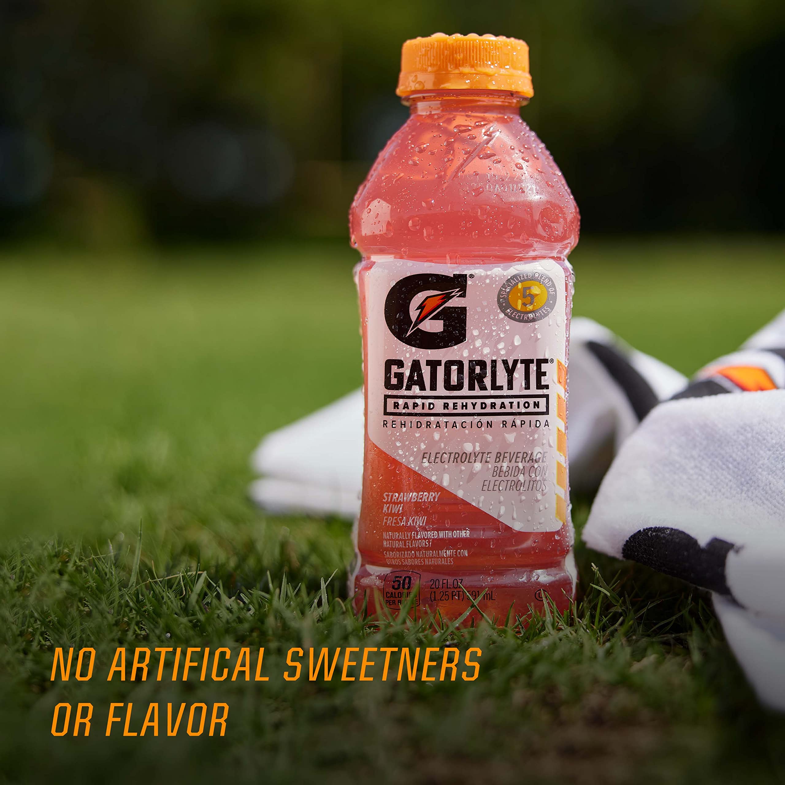 Gatorlyte bottle beside athletic gear, supporting rapid recovery and replenishment