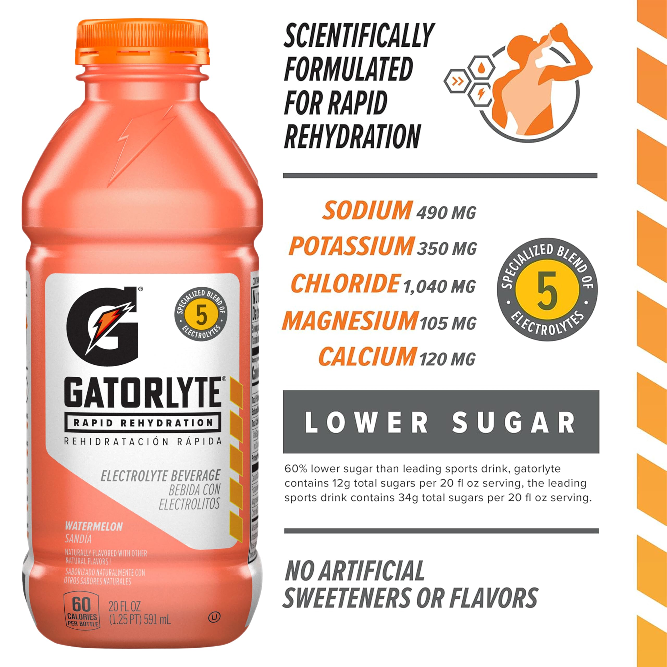 Gatorlyte bottle close-up label detail highlighting five electrolytes and brand
