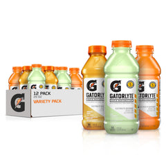 Gatorlyte front packaging showing 12-bottle variety pack and flavors