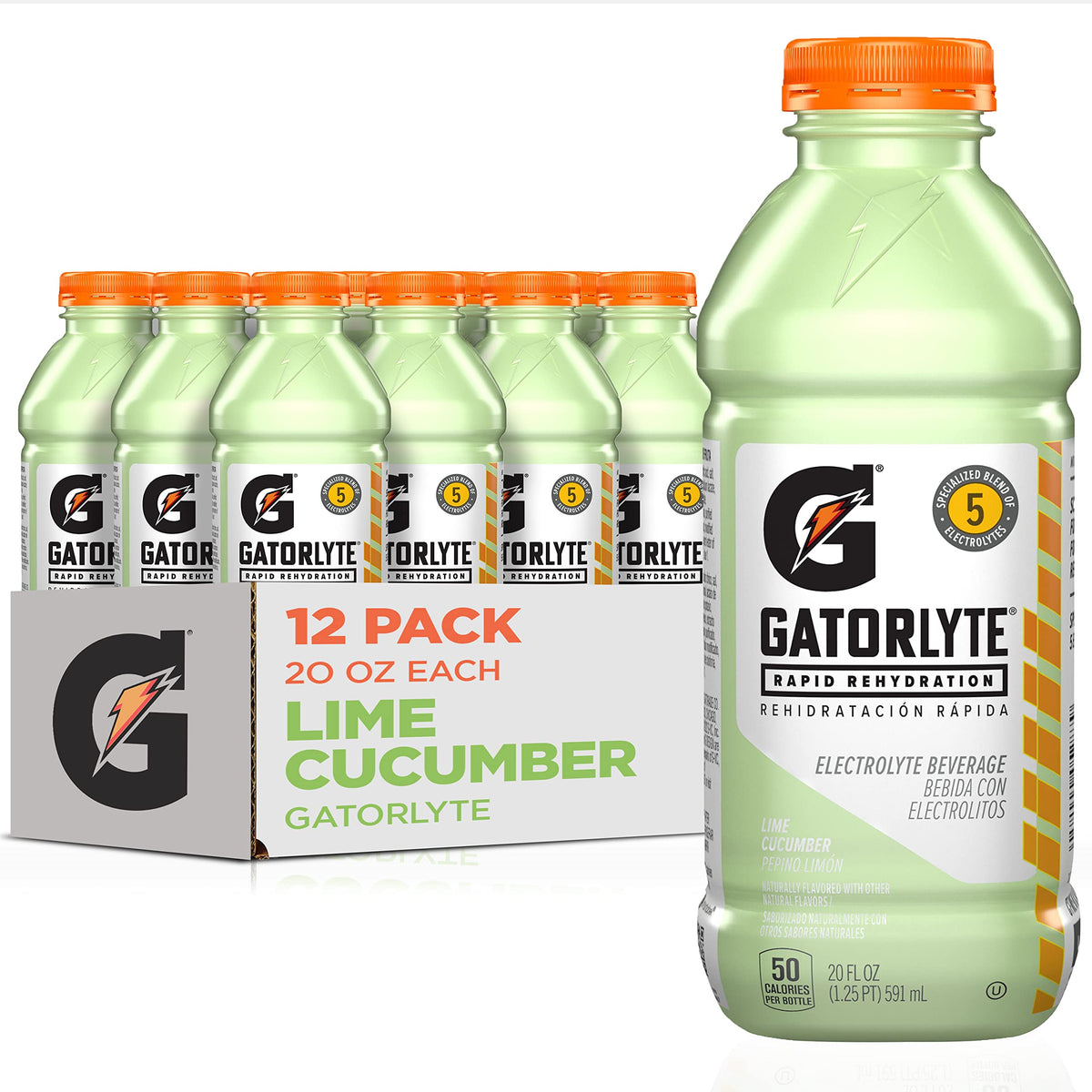 Gatorlyte lime cucumber front packaging showing bottle and lower sugar benefit
