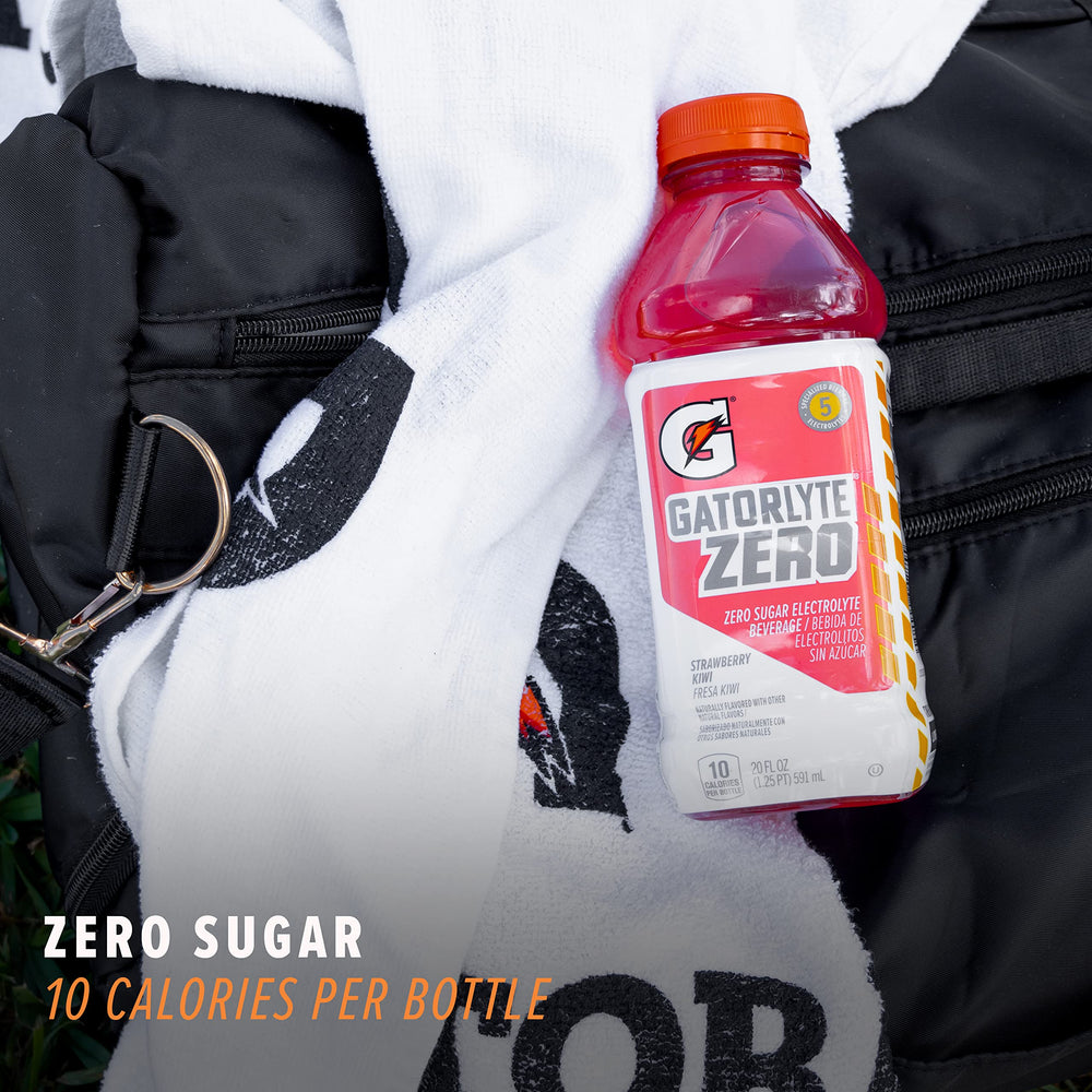 Gatorlyte bottle in gym bag showing 20 oz size and on-the-go hydration benefit