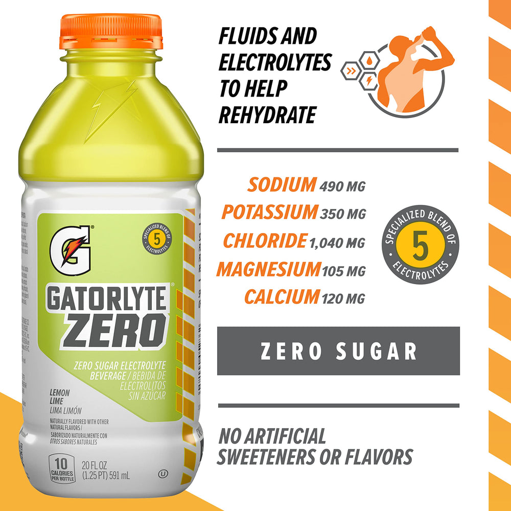 Gatorlyte label closeup highlighting zero sugar and five electrolytes benefit