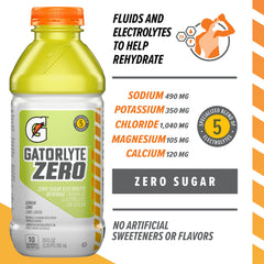 Gatorlyte label closeup highlighting zero sugar and five electrolytes benefit