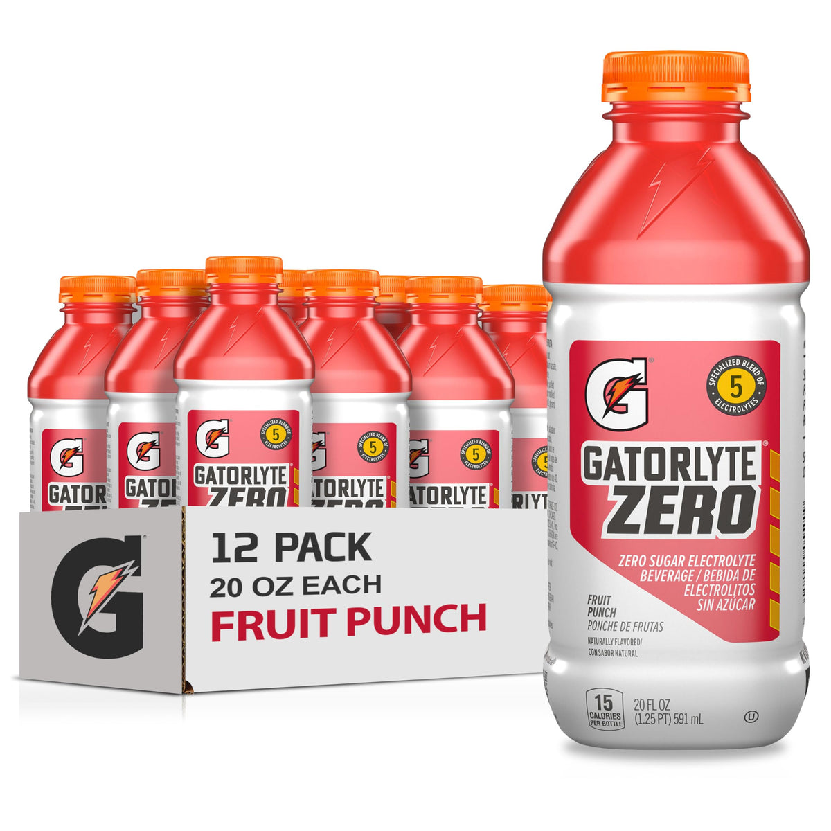 Gatorade Gatorlyte Zero front packaging showing 12-pack and Fruit Punch for convenient hydration
