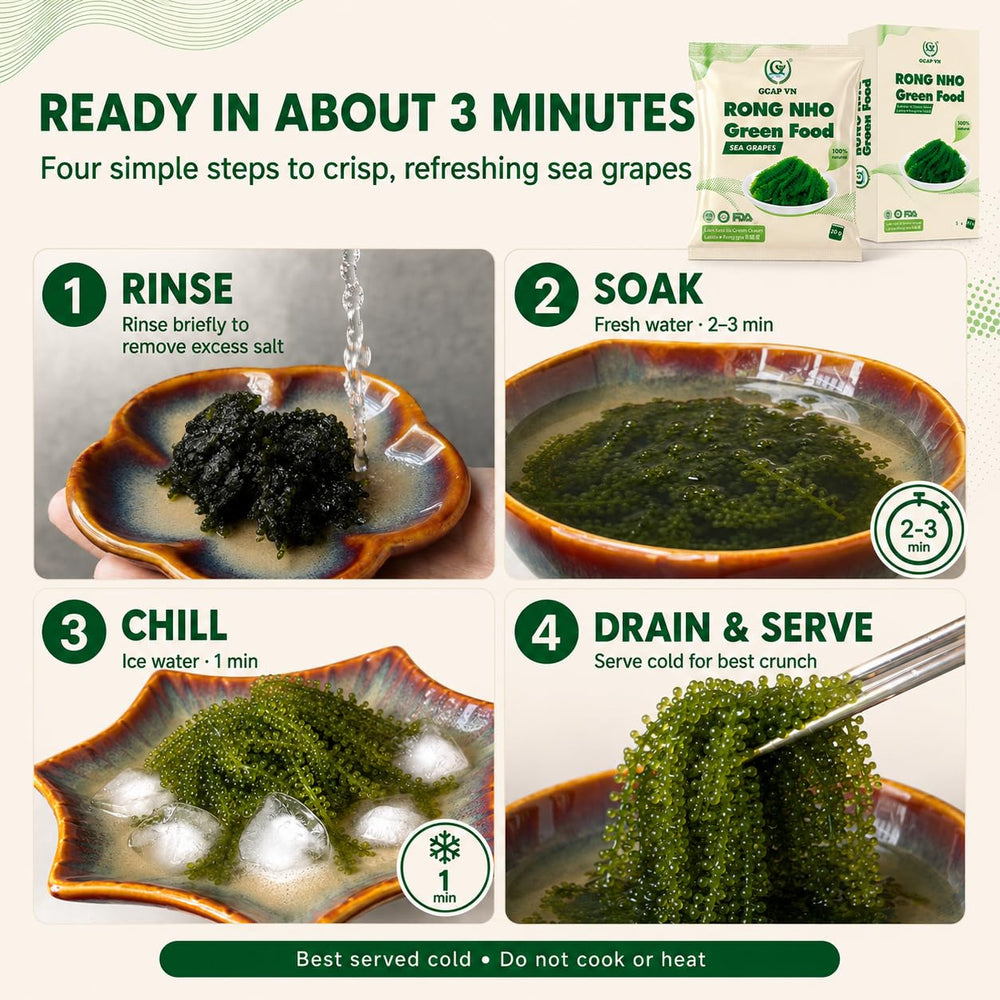 GCAP rehydrated sea grapes in a bowl with crisp popping texture benefit