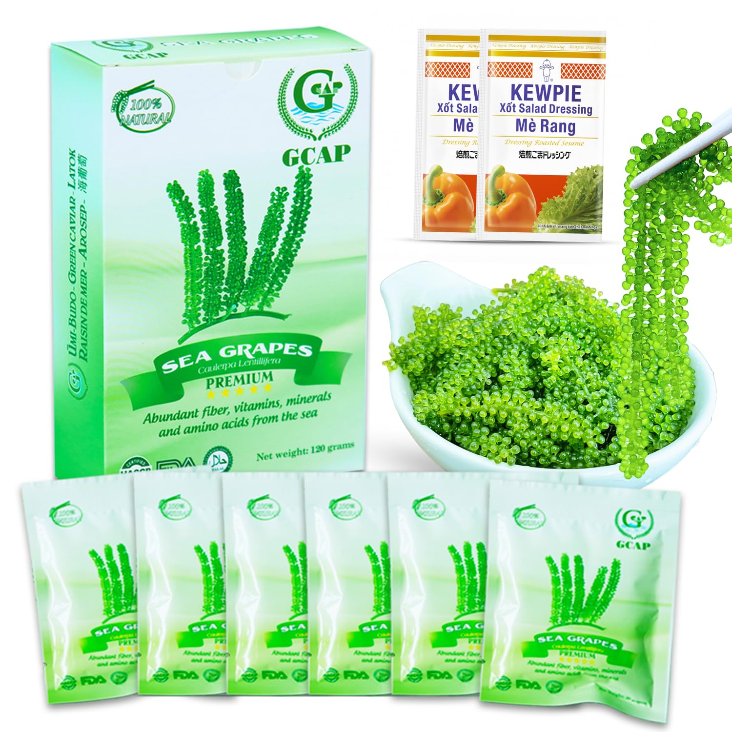 GCAP front packaging showing premium dehydrated sea grapes, convenient multi-pack benefit
