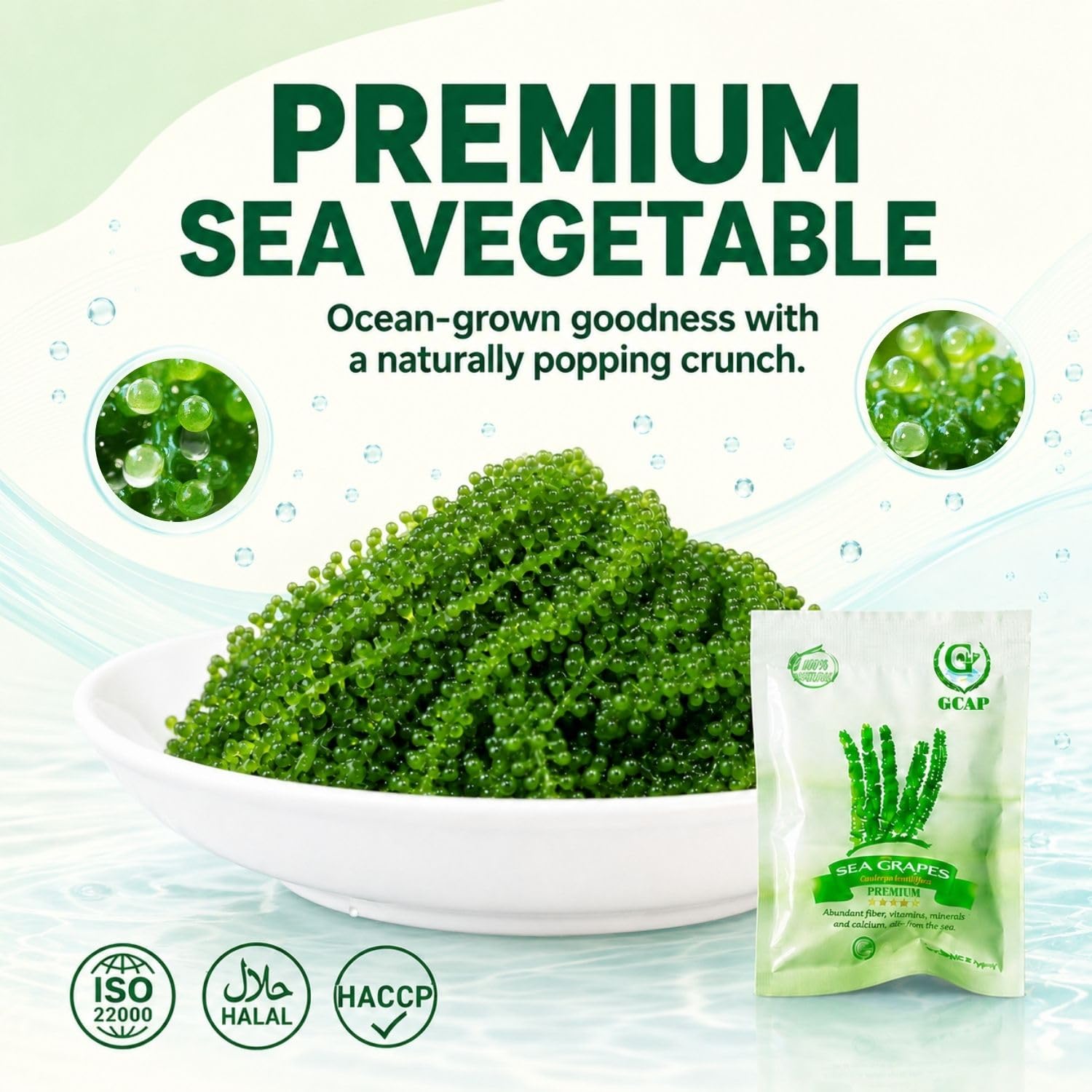 GCAP close-up texture of individual sea grape beads highlighting fresh pop and crunch
