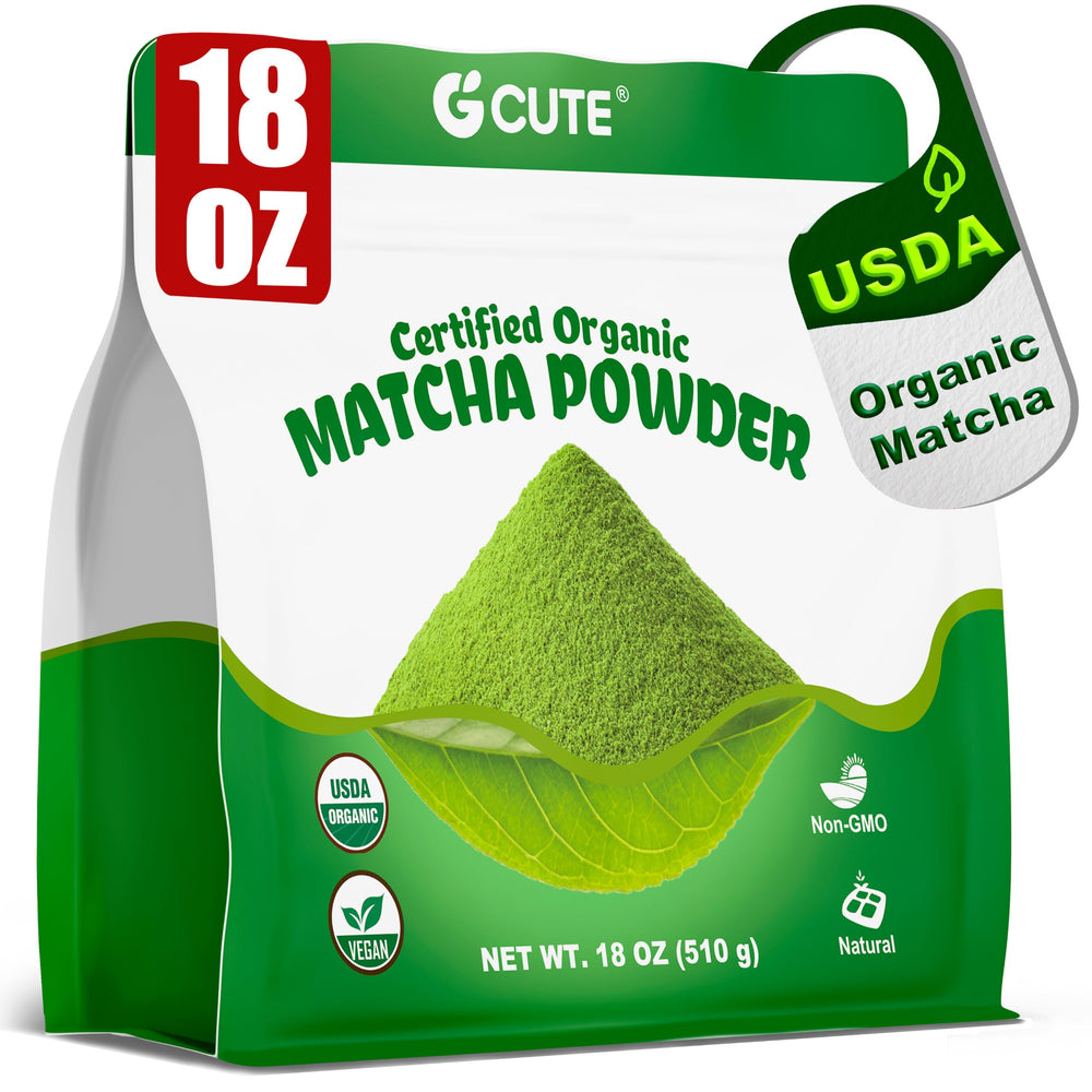 GCUTE front pouch showing organic label and 18 oz size for pantry-ready freshness