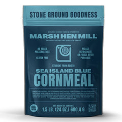 Geechie Boy Mill front packaging showing Marsh Hen blue cornmeal and rustic appeal