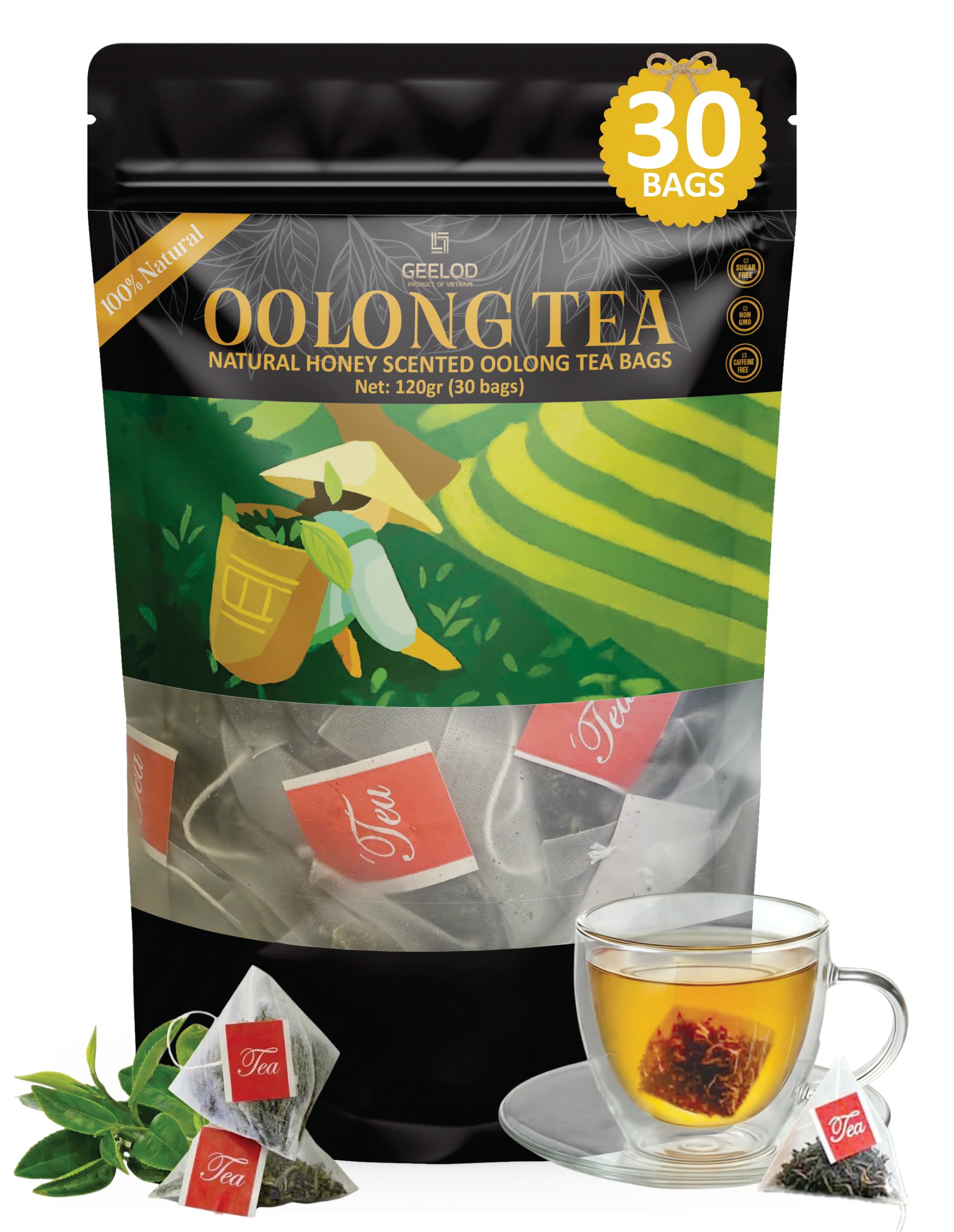 GEELOD front packaging showing 30 bag box and branding, fresh aroma benefit