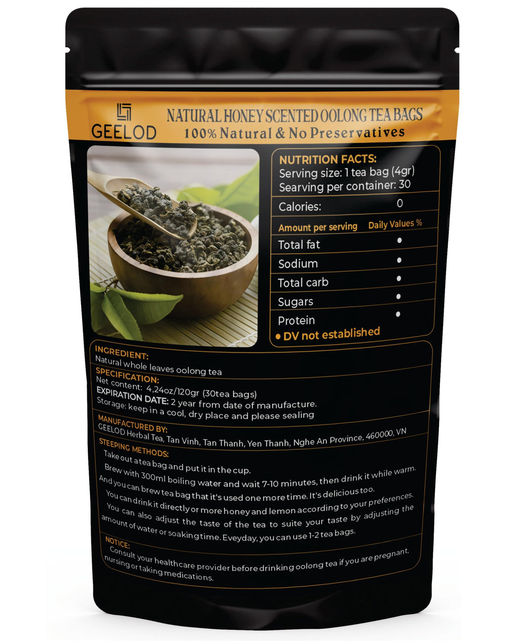 GEELOD tea bag beside ruler for scale, clear 4g portion size