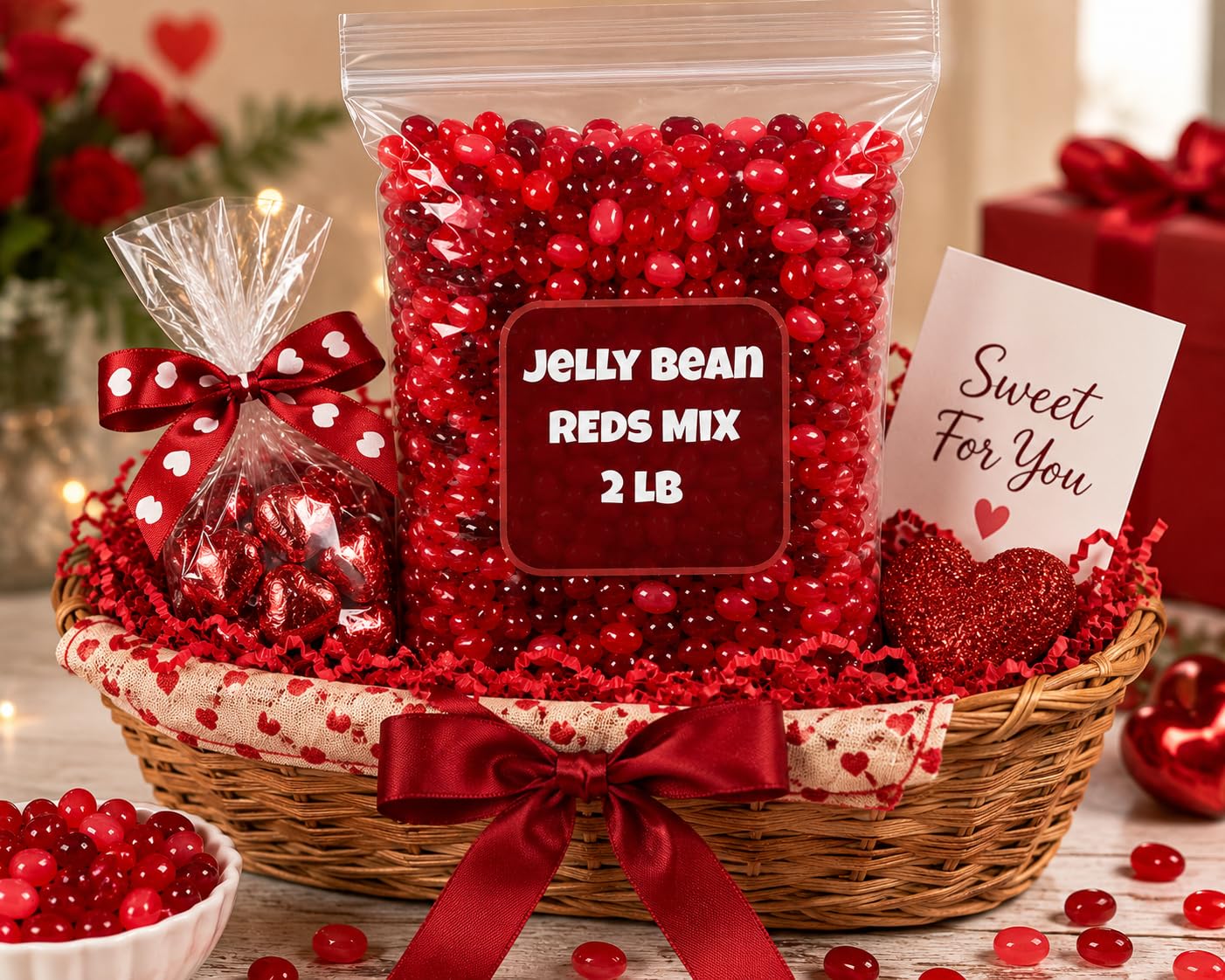 GEEOOLLAH candy buffet scene using red jelly beans to add festive color to table